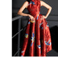 Elegant red brocade cheongsam dress with a high neckline and vibrant patterns.