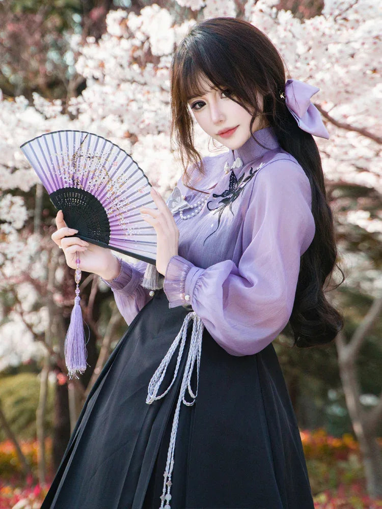 Purple Cheongsam Dress - Fairy Style | Fringed Han Element top + skirt / S Purple Cheongsam Dress - Fairy Style | Fringed Han Element top + skirt / S