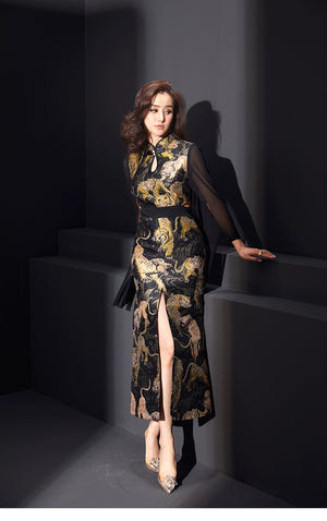 Stylish cheongsam with tiger pattern and retro-inspired satin fabric.