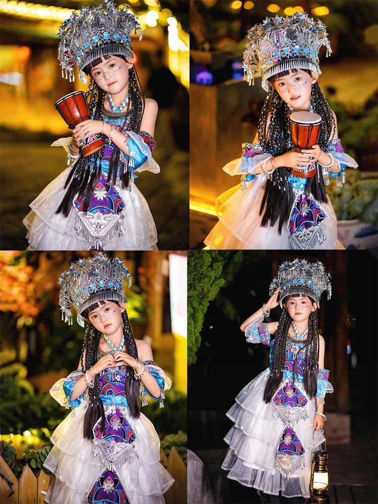 Collage of Miao Purple Clothing Xinjiang Girls Ethnic Style Stage Performance Wa costume with silver headdress and cultural props.