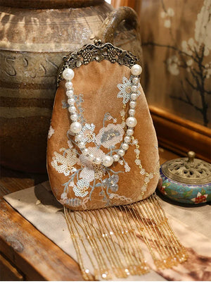 Brown Velvet Evening Clutch | Hand-Embroidered with Elegant Fringe Qipao Bag - Yandan_Hanfu