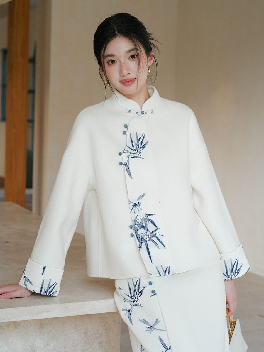 100% Wool Double-Faced Modern Chinese Women's Set – Printed Jacket with Matching Skirt, Minimalist Luxury Style