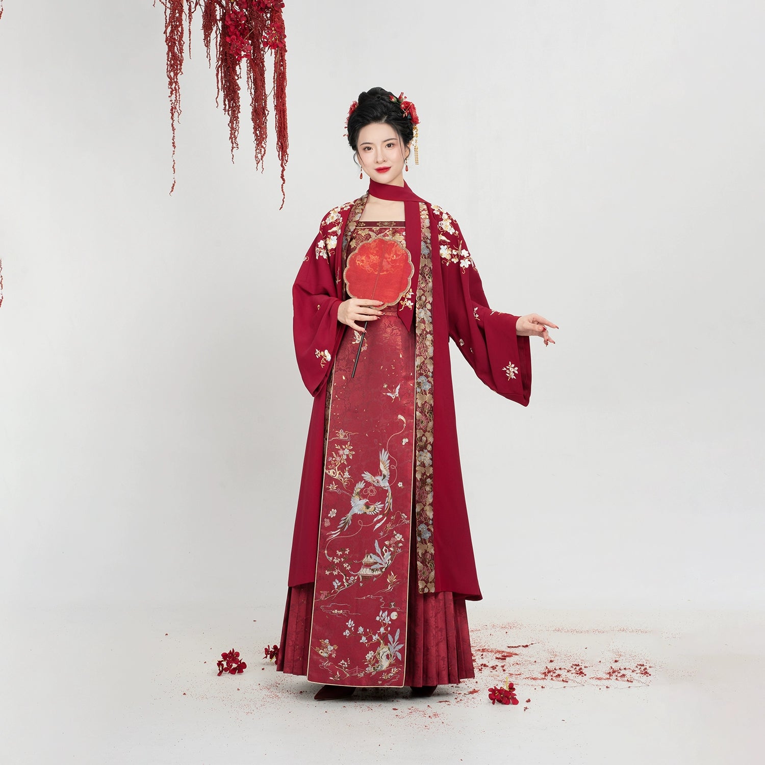 Full front view of [Dan Que Acacia] New Chinese Style Red Wedding Dress with traditional embroidery and layered design.