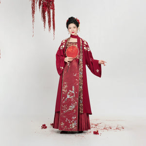 Full front view of [Dan Que Acacia] New Chinese Style Red Wedding Dress with traditional embroidery and layered design.