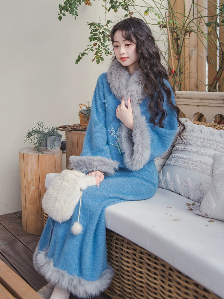 Blue Orchid Modern Qipao Tow piece Set –  Winter Chinese Style Outfit
