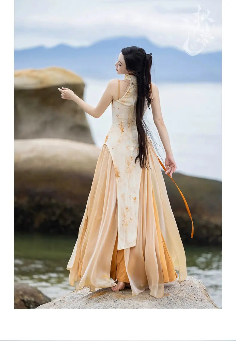 Back view of elegant cheongsam dress near the ocean