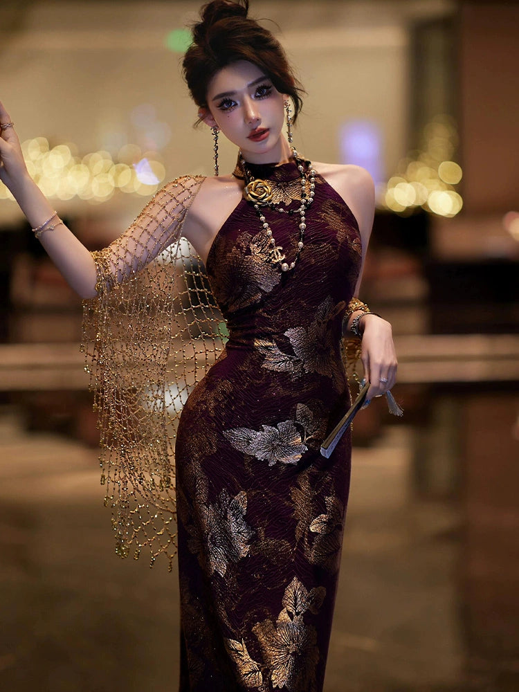 Stylish purple cheongsam dress featuring intricate jacquard design, gold accents, and fitted silhouette for a sexy evening look.