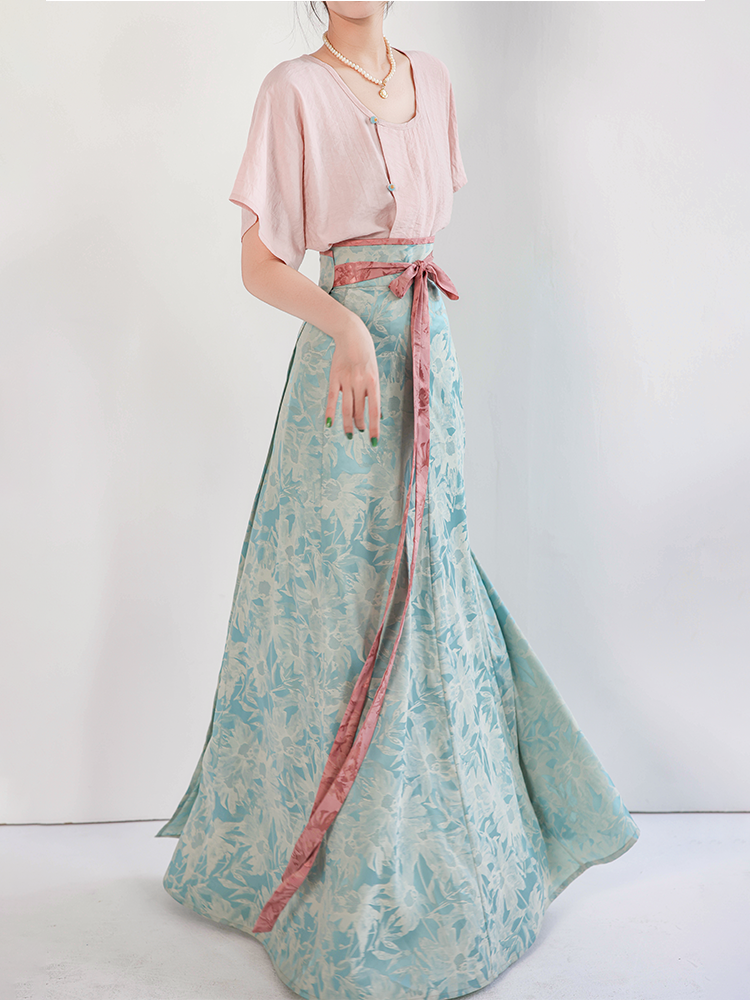 [Seventy-two soot] Green glaze dyed short-sleeved version, Tang Beizi Hanfu broken skirt, spring and summer women's daily commute
