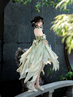 Back view of Chinese Lolita Dress Women's Summer featuring a bow and layered chiffon skirt for a dreamy silhouette.