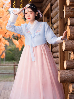 Authentic blue and pink hanbok with intricate floral details, ideal for cultural gatherings and festive occasions.