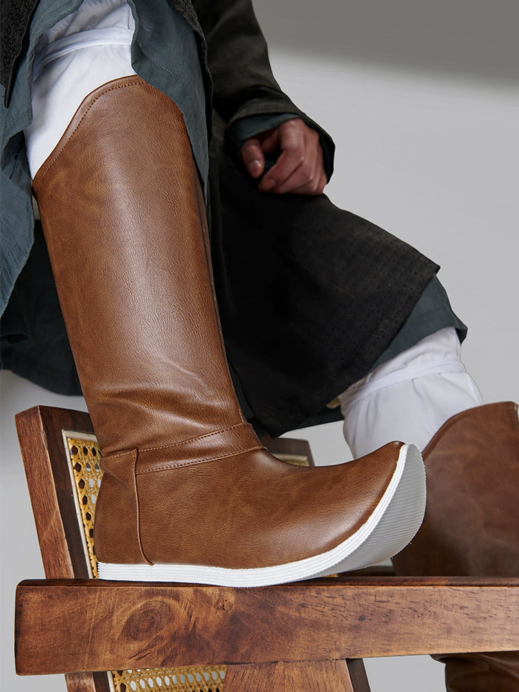 Brown Leather Hanfu Boots – Waterproof Traditional Men's Shoes | Ming & Song Dynasty Inspired Pointed-Toe Design