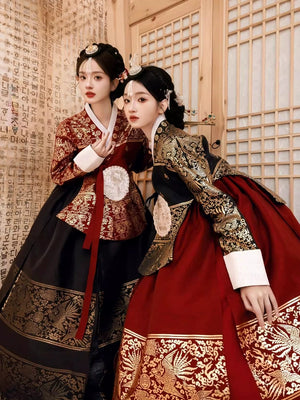 Two women in Yanji hanbok dresses showcasing Korean cultural heritage.