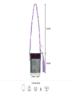 Floral Motif Bag | Color-Block Canvas Crossbody with Beaded Strap - Yandan_Hanfu