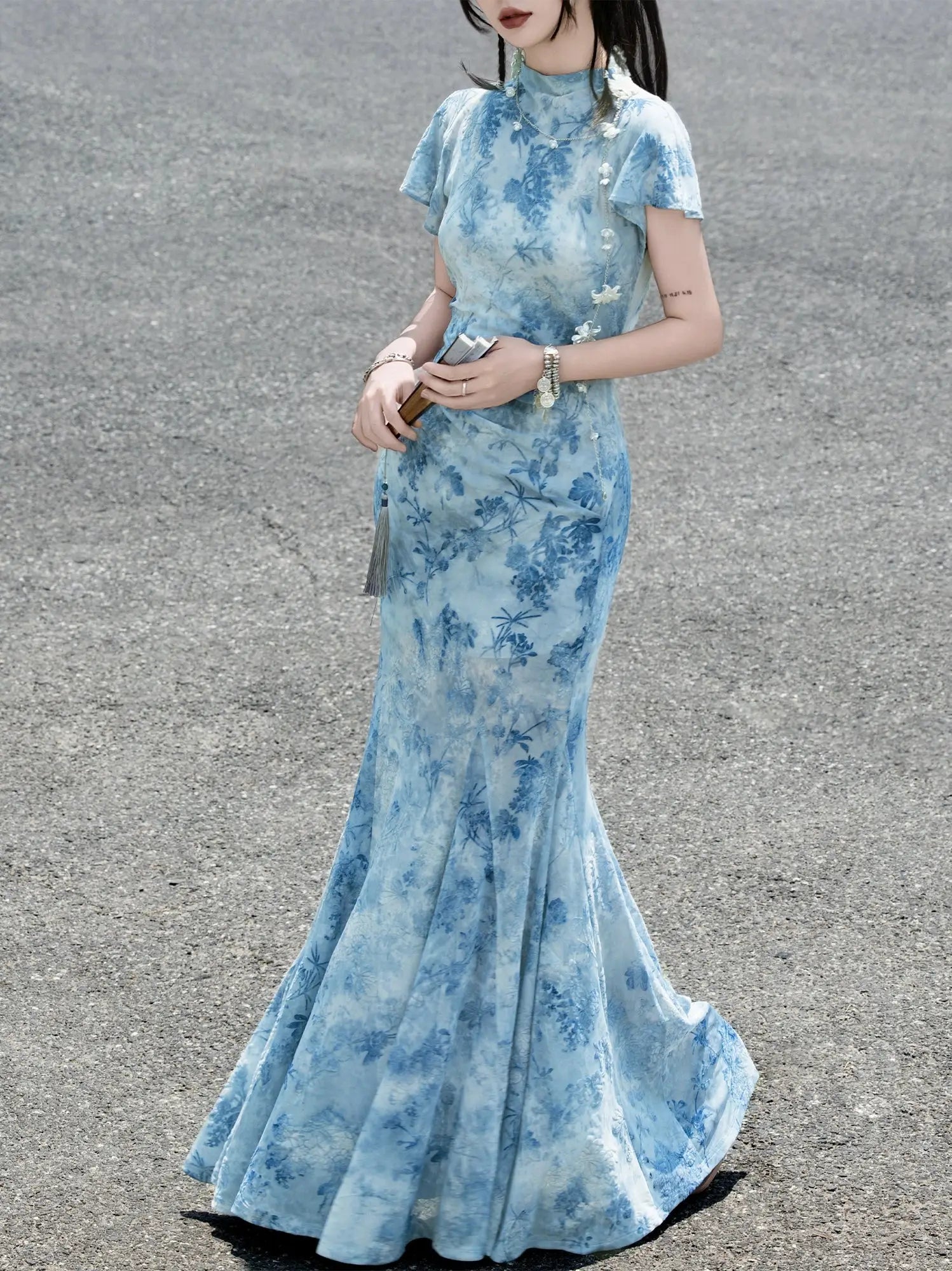 Azure Porcelain – Blue Velvet Mermaid Dress | New Chinese Style Gown with Sheer Mesh and French Elegance