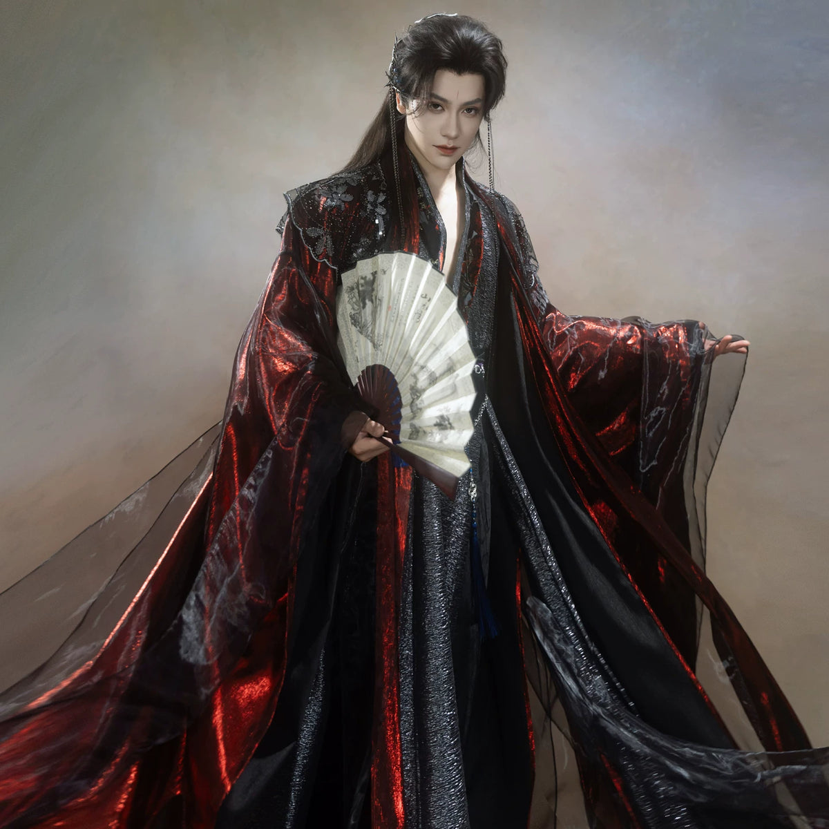 Black and red layered wuxia robe outfit — worn garment view 4