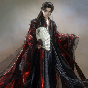 Black and red layered wuxia robe outfit — worn garment view 4