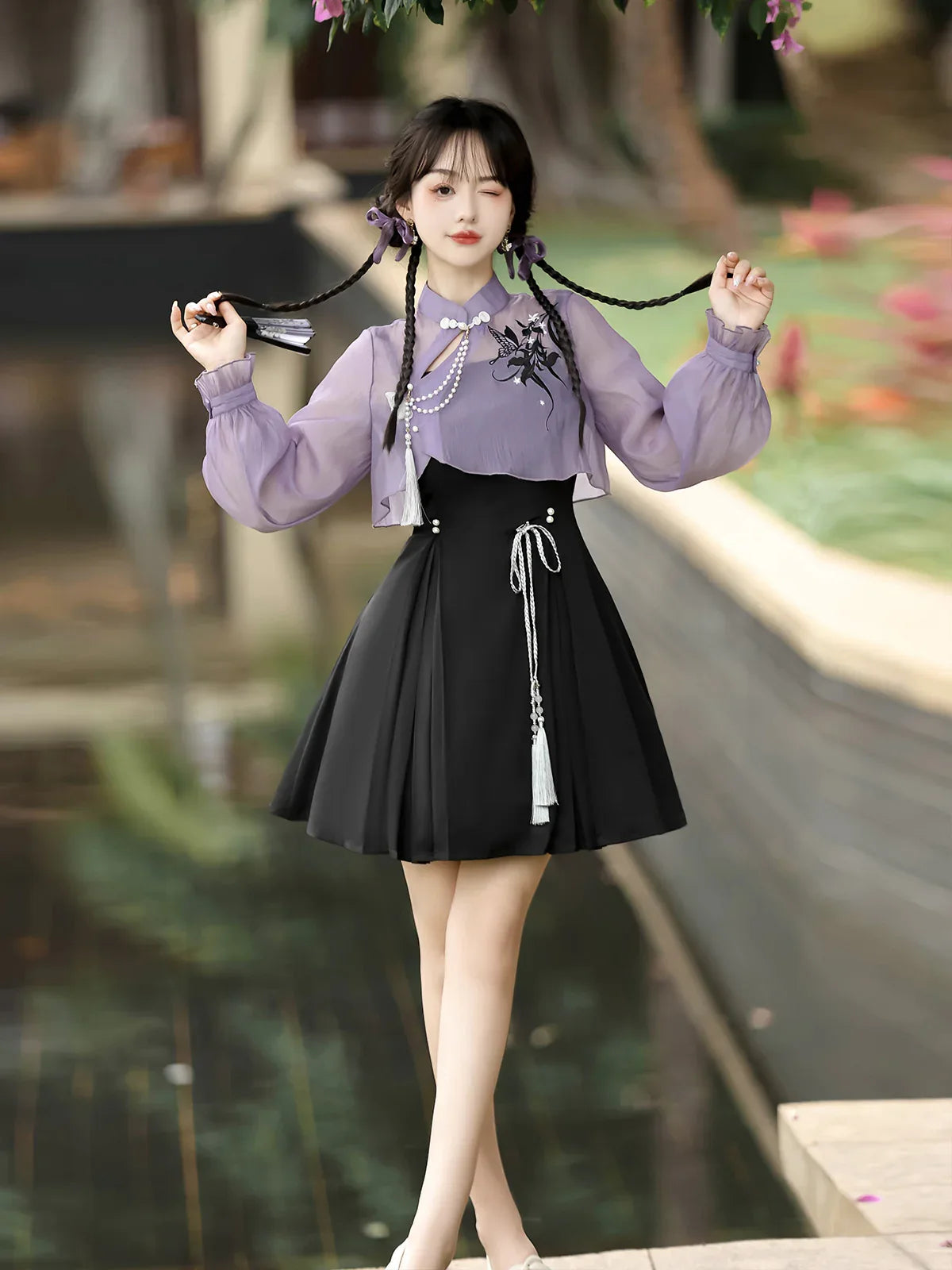 Purple Cheongsam Dress - Fairy Style | Fringed Han Element top + skirt / S Purple Cheongsam Dress - Fairy Style | Fringed Han Element top + skirt / S