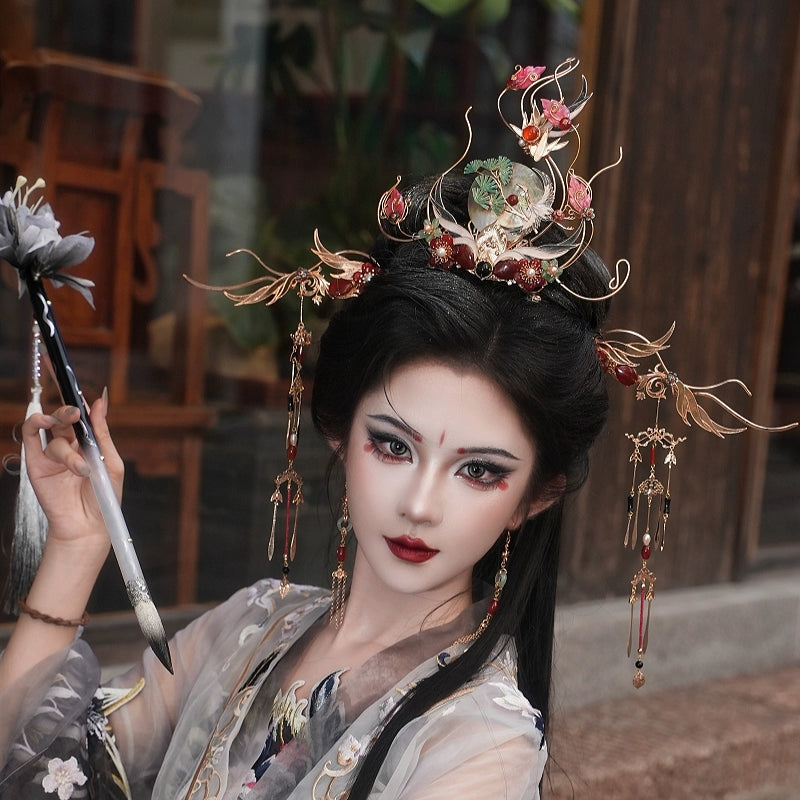 Graceful Crane Shadow – Hanfu Hair Jewelry Set with Crown & Hairpin Inspired by Chinese Symbolism