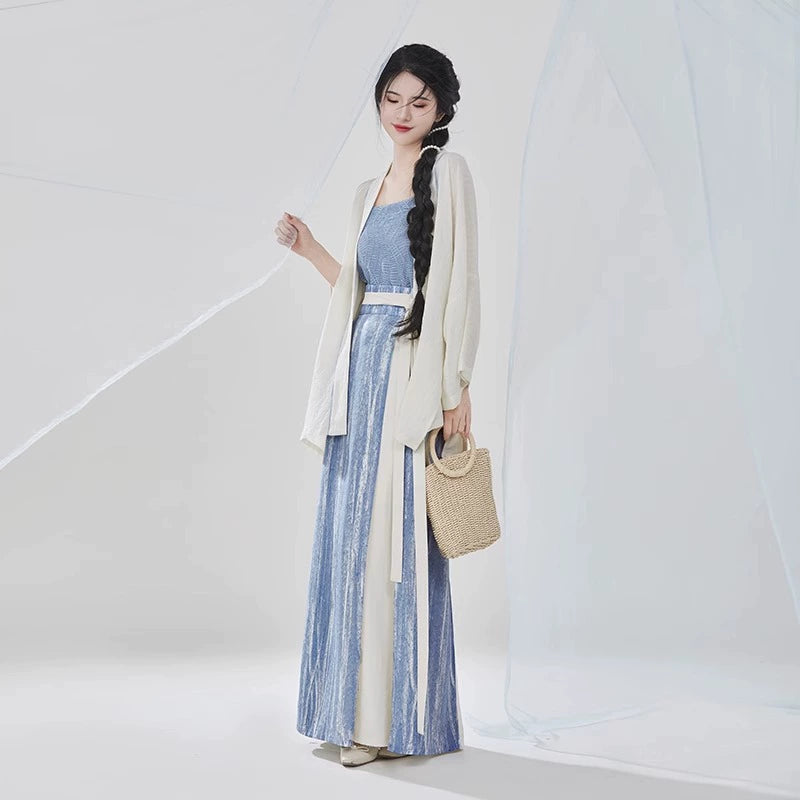 [Sea Breeze Sketch] - Daily Hanfu Set with Song Cross-Collar Blouse & Pleated Skirt