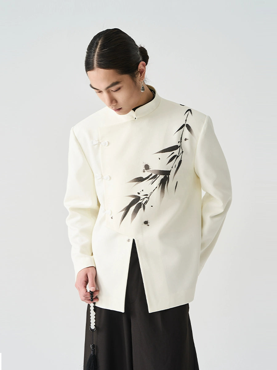 [Ink Bamboo] Diagonal Zhongshan Blazer – Modern Chinese Jacket with Water-Ink Print & Classic Button Detail