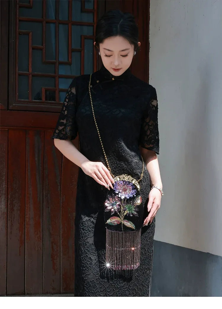 Embroidered Butterflies Black Bag | Canvas Crossbody with Beaded Chain - Yandan_Hanfu