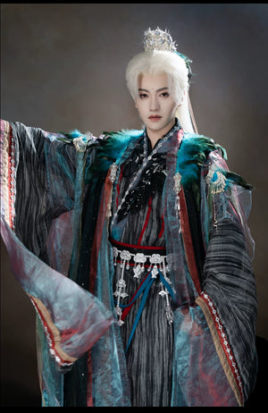 Peacock blue and iridescent layered xianxia outfit — worn garment view 13