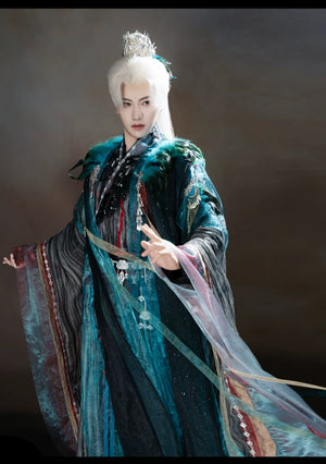 Peacock blue and iridescent layered xianxia outfit — worn garment view 11