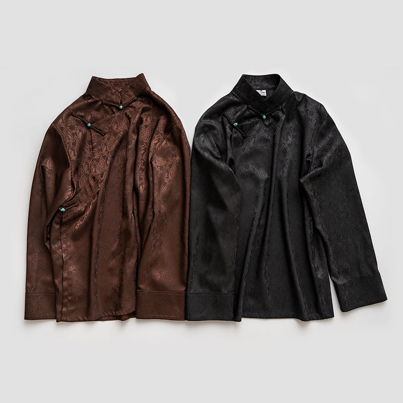 Contemporary Tibetan Shirt – Acetate Jacquard Stand Collar | Cultural Fusion Top