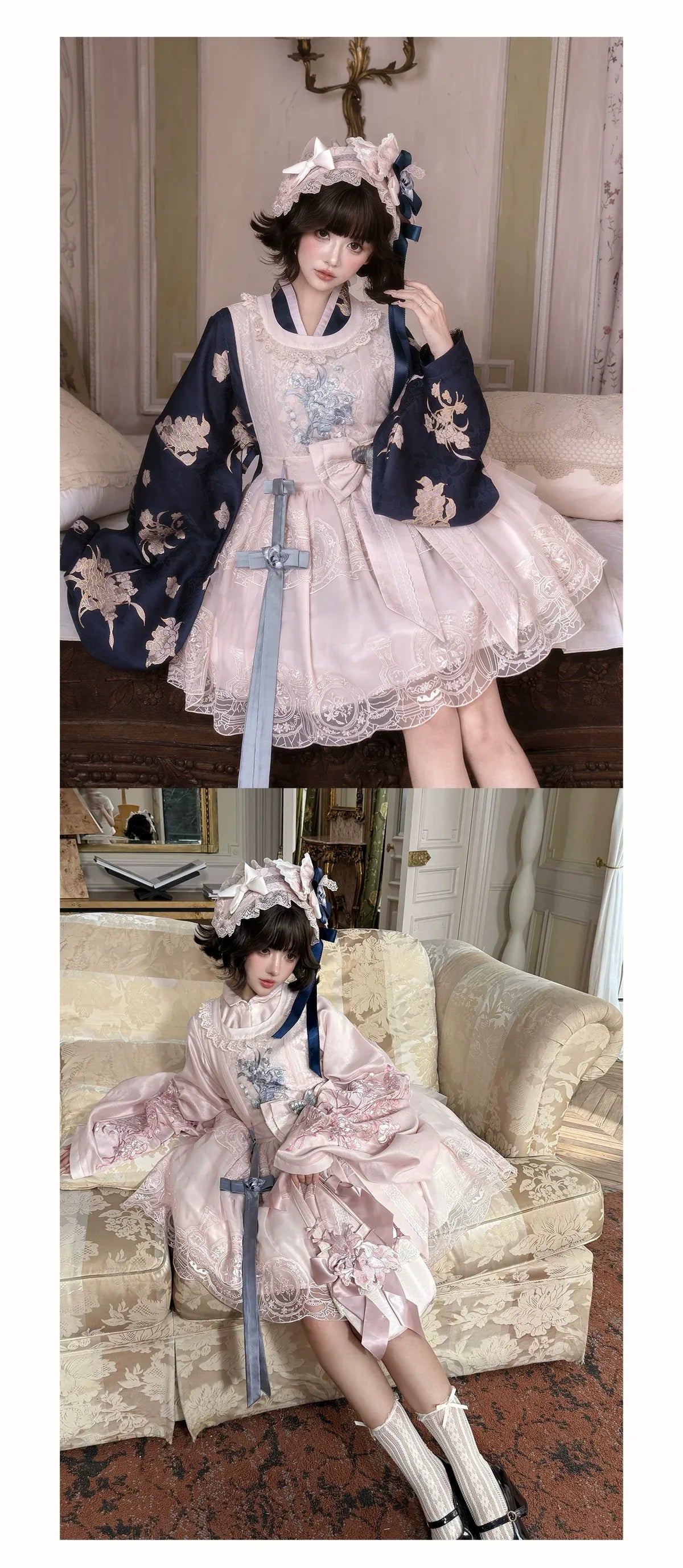 East-Meets-West Pink Two-Piece Set | Romance Embroidered Hanfu Blouse & Over Skirt - Yandan_Hanfu