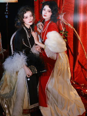 Close-up of black and red cheongsam dresses featuring floral embroidery, pearl accessories, and luxurious fabric details.