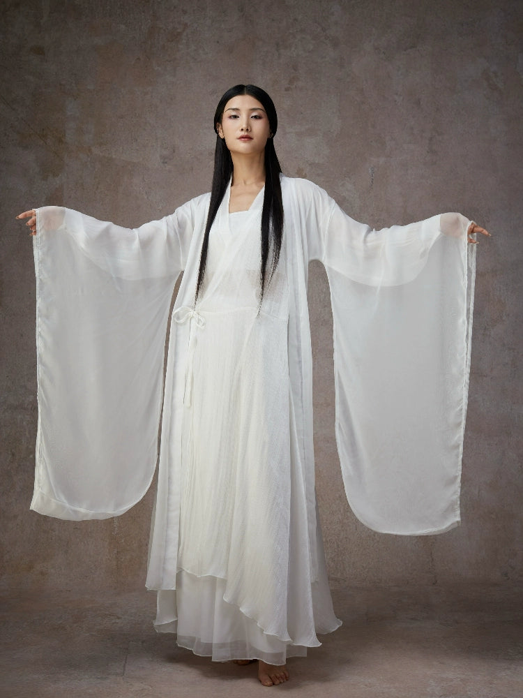 Graceful White Wide-Sleeve Chiffon Hanfu – Classical & Jazz Fusion Dance Dress