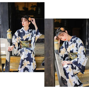 Collage of a woman in a Japanese kimono dress, showcasing its floral design and traditional obi belt in different poses.