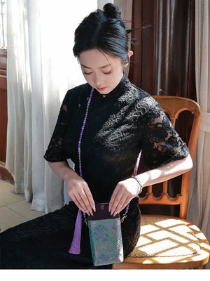 Floral Motif Bag | Color-Block Canvas Crossbody with Beaded Strap - Yandan_Hanfu