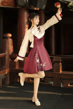 Improved Lolita cheongsam dress with cream top, burgundy skirt, floral embroidery, and Han element-inspired design.