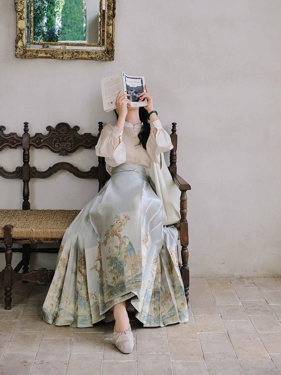 Yu Bai Green & Pink Hanfu Weaving Gold Horse Dress Crane Symphony