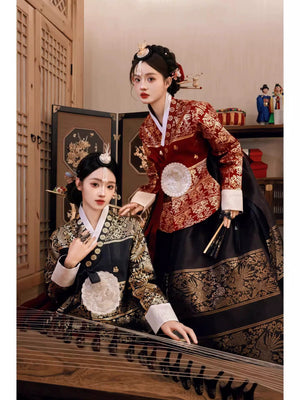 Yanji hanbok dresses with gold patterns, perfect for weddings and events.