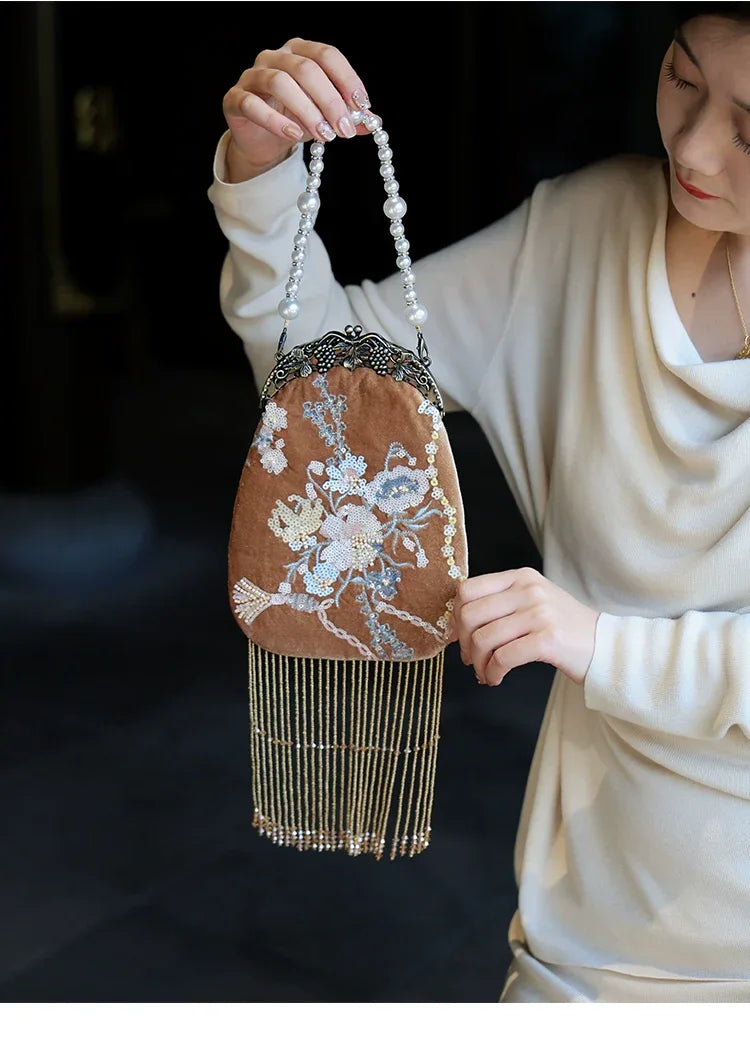 Brown Velvet Evening Clutch | Hand-Embroidered with Elegant Fringe Qipao Bag - Yandan_Hanfu