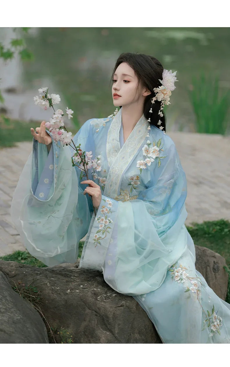Hanfu Inner Robe Blue Pear Blossom Moonlight – Traditional Hanfu Robe with Embroidered ...