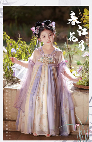 Charming Tang Dynasty Purple Hanfu girls summer dress with floral embroidery and traditional styling, perfect for elegant seasonal gatherings.
