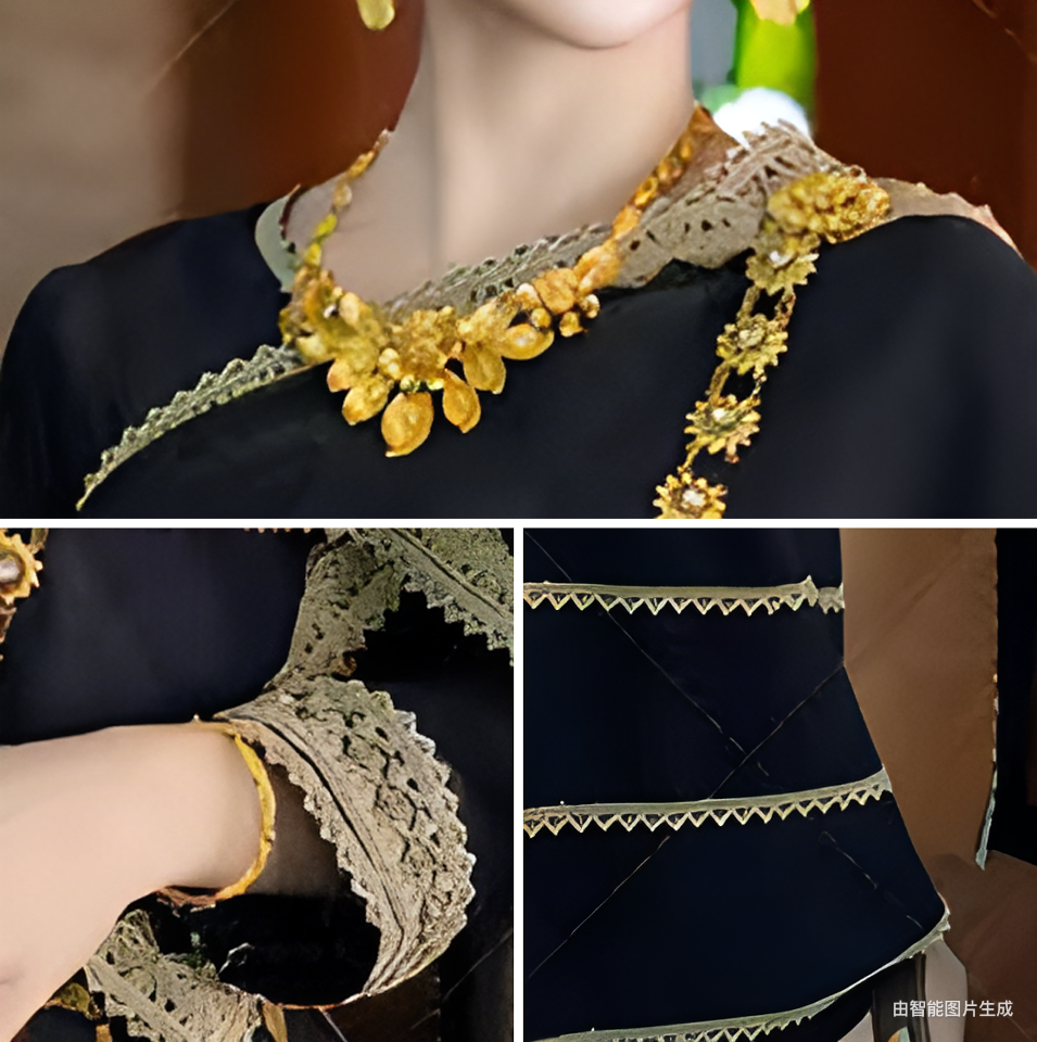 Detailed view of Black&Gold Dai clothing accessories including gold necklace, bracelet, and embroidered fabric, ideal for ethnic fashion retail.
