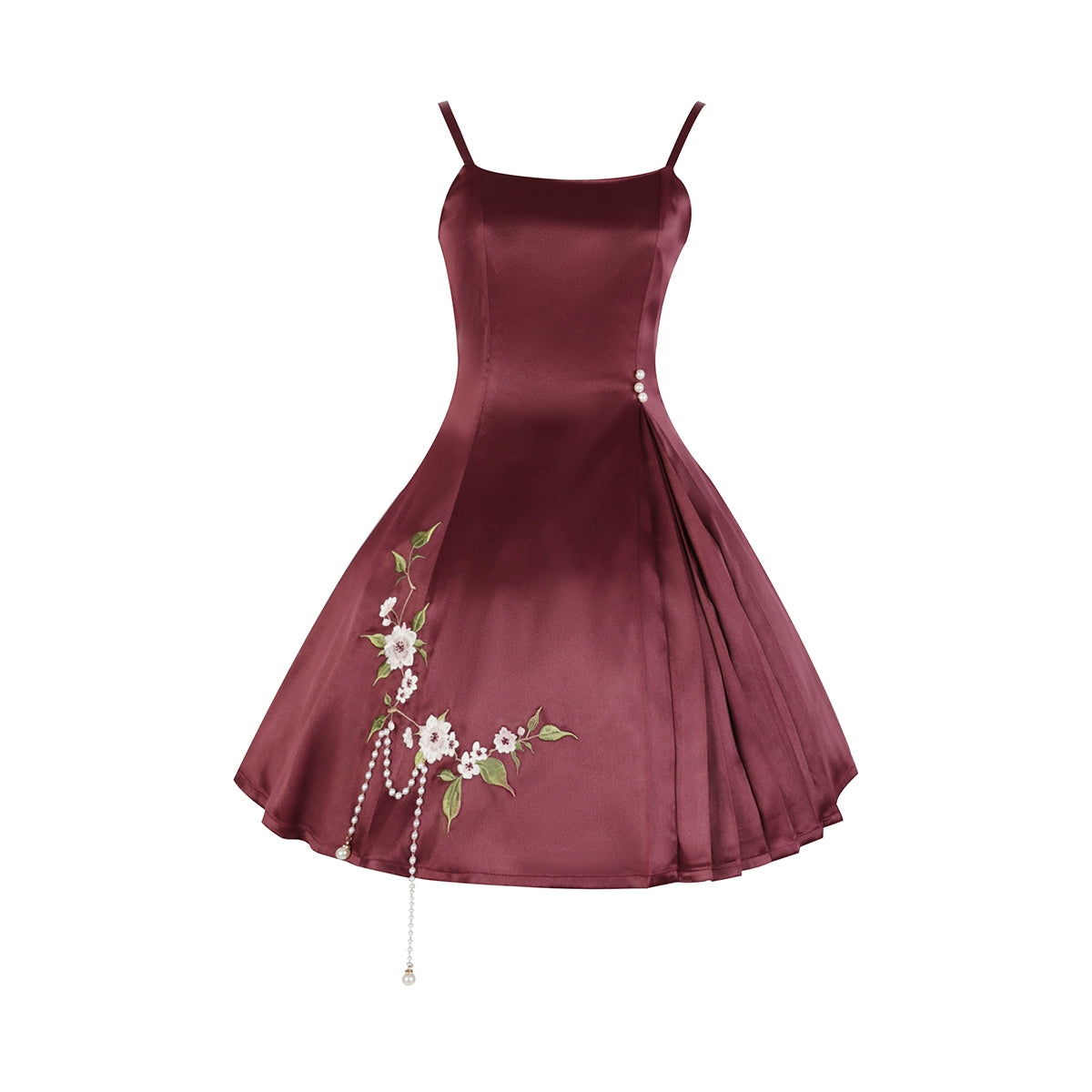 Burgundy pleated dress with floral embroidery and pearl tassel embellishments, part of the Camellia Lolita cheongsam set.