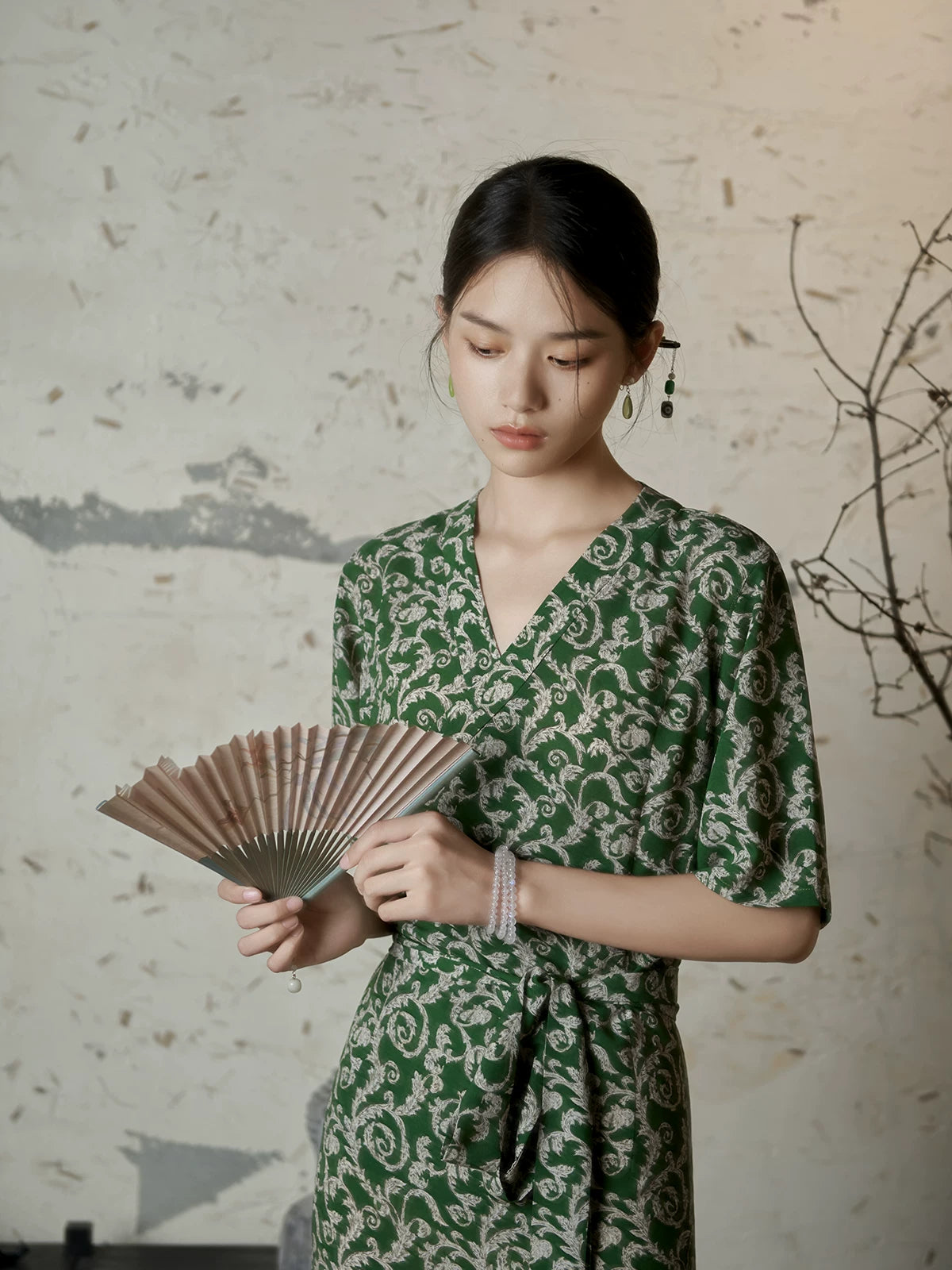 Vintage floral Himalayan style green dress with flowing chiffon silhouette