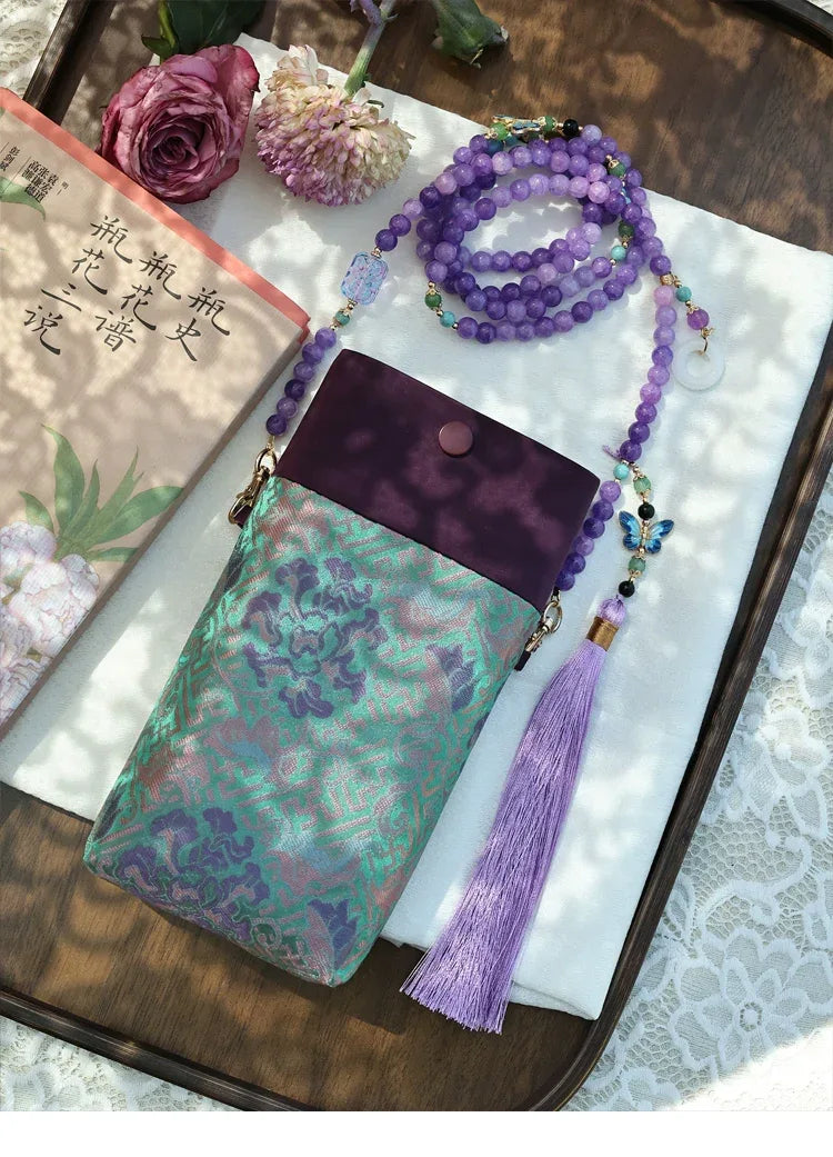 Floral Motif Bag | Color-Block Canvas Crossbody with Beaded Strap - Yandan_Hanfu