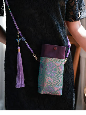 Floral Motif Bag | Color-Block Canvas Crossbody with Beaded Strap - Yandan_Hanfu