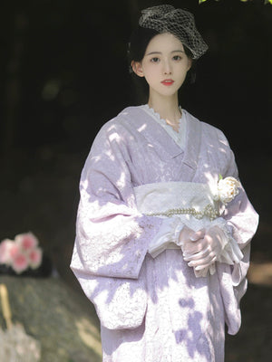 Elegant purple lace Taisho Romance kimono with intricate details.