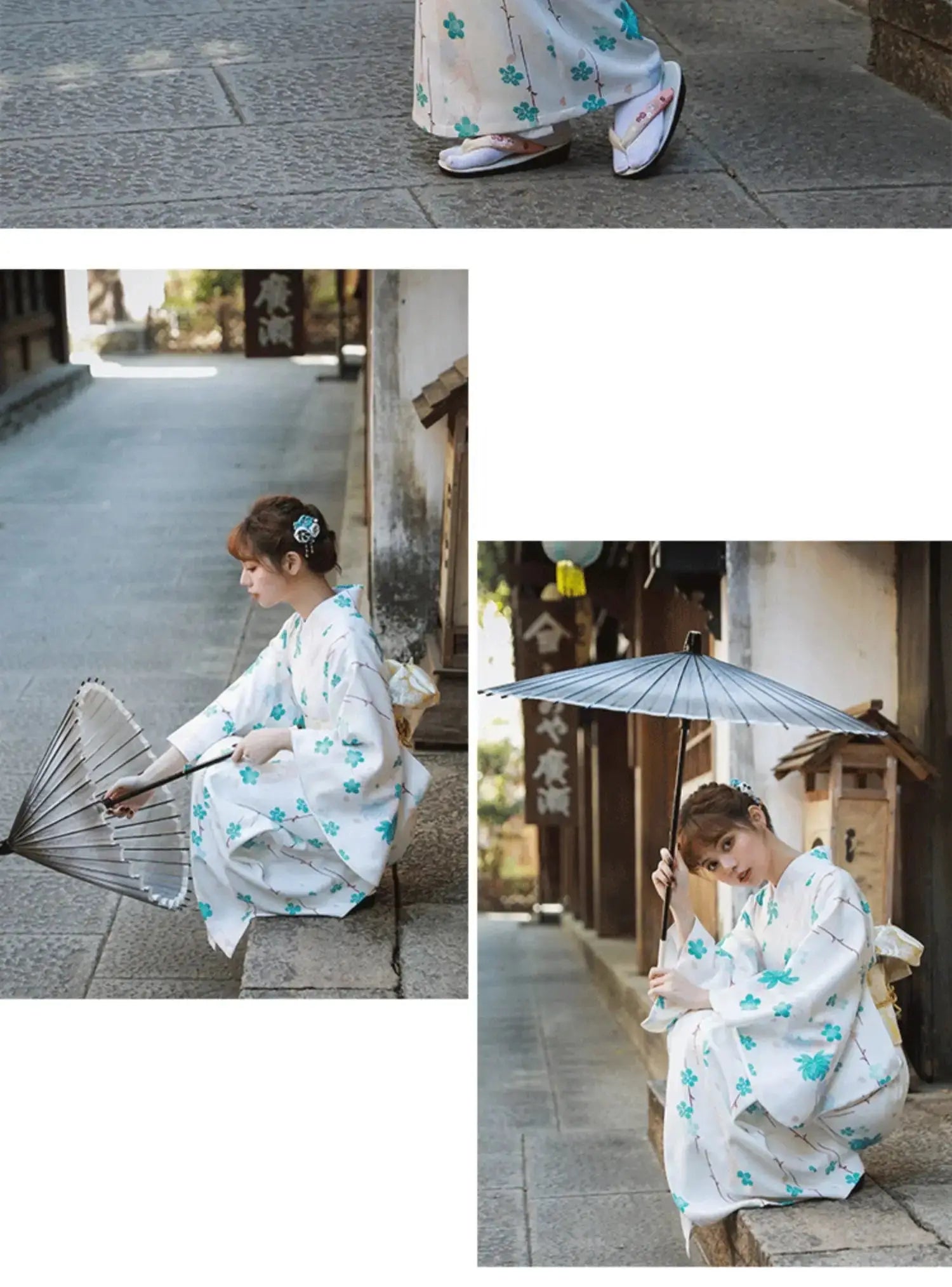 Collage of a woman in a white and blue floral Yukata Kimono Dress, holding a parasol and sitting gracefully in a traditional Japanese setting.