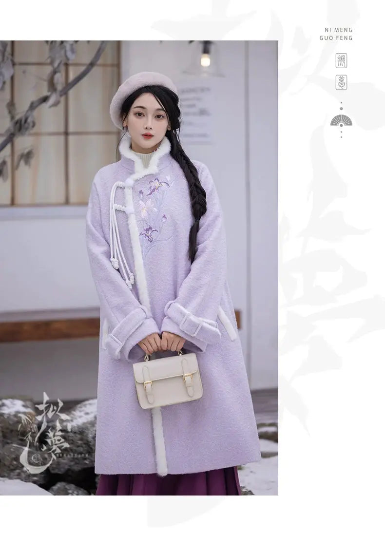 Detailed view of purple Hanfu coat embroidery