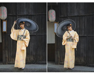 Side-by-side images of a woman in an orange Japanese kimono-style yukata with floral designs, holding a black umbrella in a traditional setting.