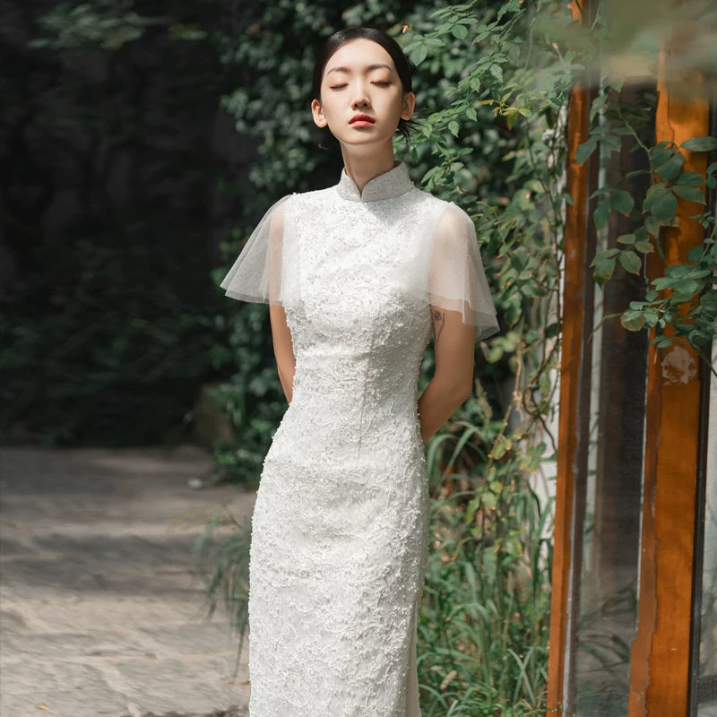 White Lace Cheongsam Wedding dress| Modified Sleeveless Qipao | Toast & Wedding Dress | Standard & Custom Made | XSXL - White / XS White Lace Cheongsam Wedding dress| Modified Sleeveless Qipao | Toast & Wedding Dress | Standard & Custom Made | XSXL - White / XS