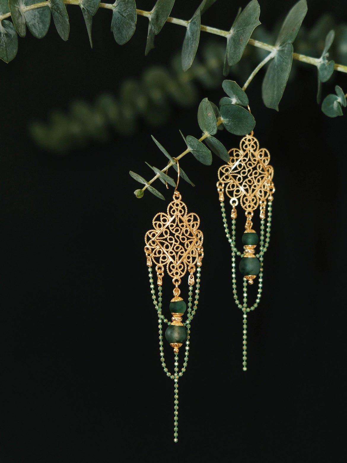 Su Mask Ear Clips - Hanfu Gold Tassel Earrings with green chalcedony beads and classical flower filigree, hanging on eucalyptus branch.
